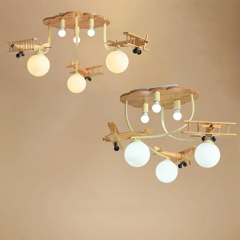 DecorBites™ Airplane LED Wooden Plane Chandelier for Kids Room, Boys Bedroom, Creative Lighting