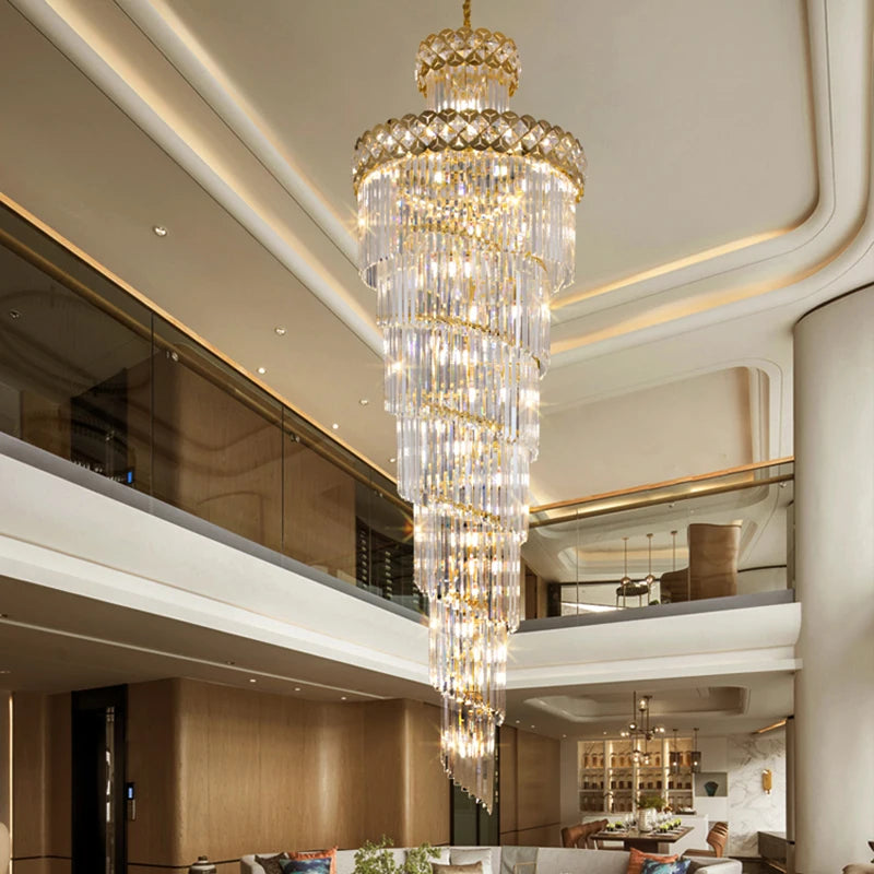 Modern Gold Crystal Staircase Long Drop Pendant Light