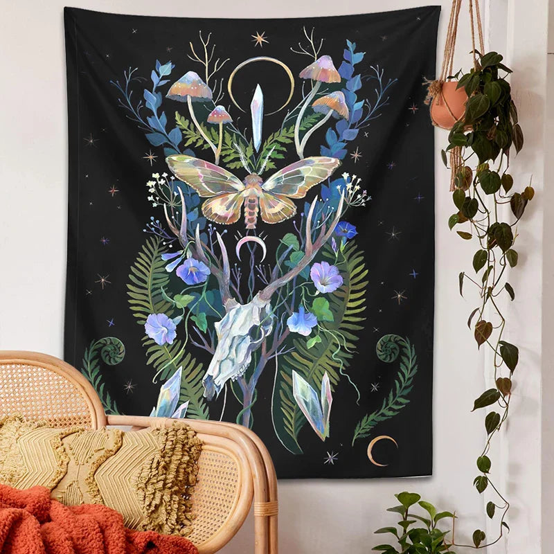 DecorBites™ جمجمة غزال عيش الغراب قمر معلقة حائطية نسيج مخدر ديكور سحر
