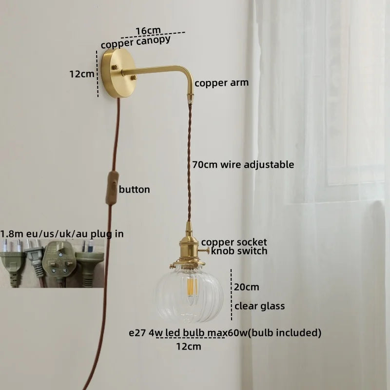DecorBites™ Glass Copper LED Wall Lights with Knob Switch, Modern Bedside Lamp