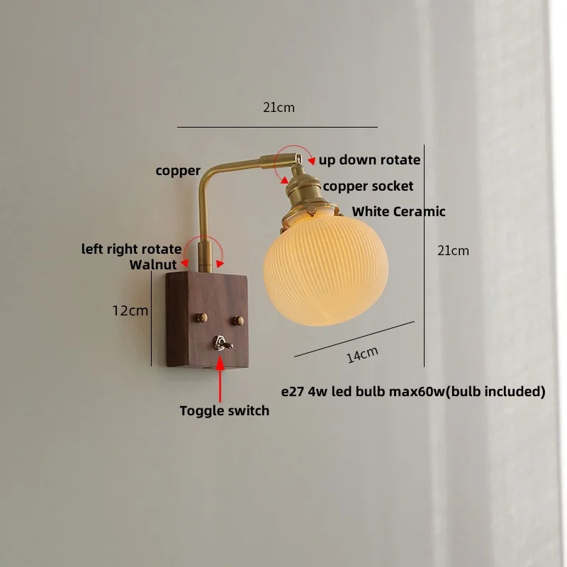 DecorBites™ Ceramic LED Wall Light Fixture White Copper Walnut Ash Bedside Lamp