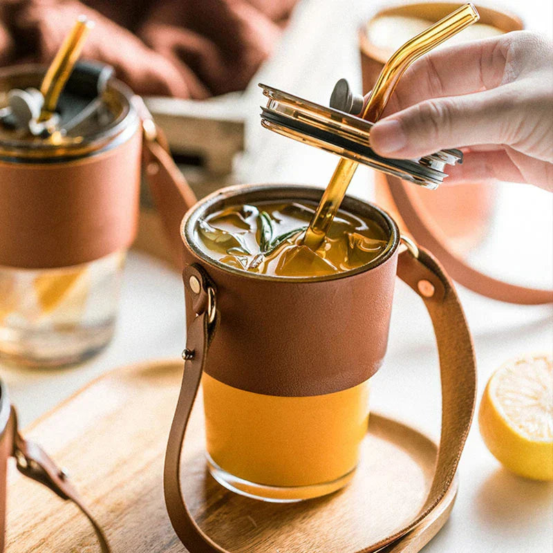 DecorBites™ 450ml Glass Coffee Cup with Lid and Straw | Stylish Heat-Resistant Glass Mug