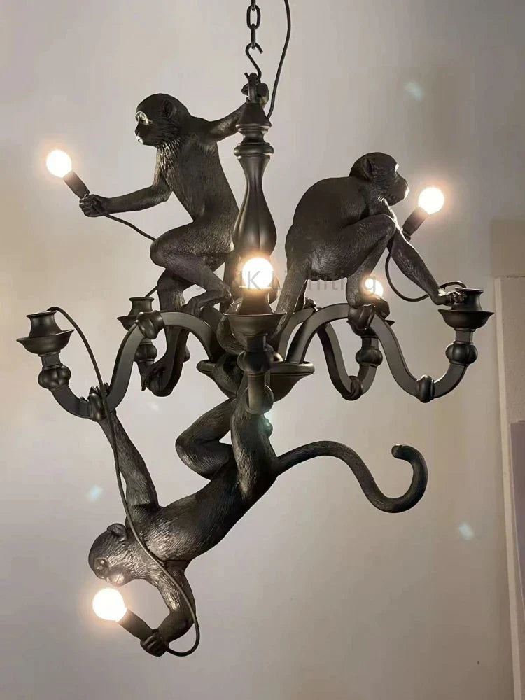 DecorBites™ 3 Monkeys Pendant Chandelier - Black White Resin - High-end Indoor LED Decor