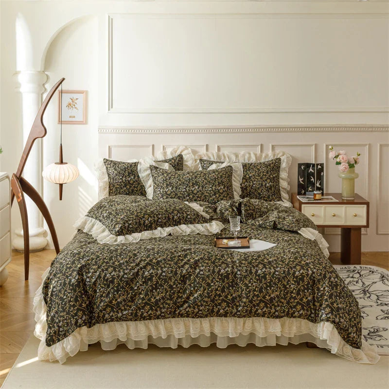 DecorBites™ French Country Flowers Print Bedding Set with Lace Ruffles