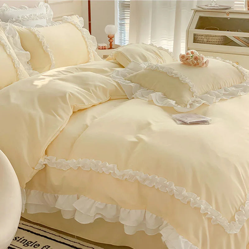طقم سرير الأميرة الكورية لوليتا من 4 قطع من DecorBites™ من القطن المغسول السادة