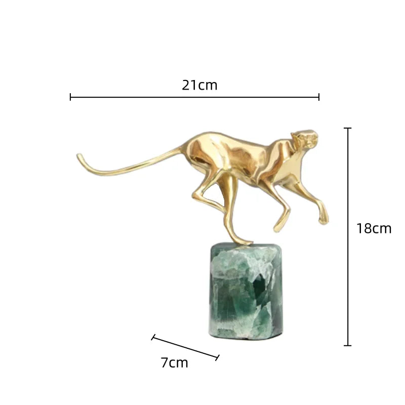 DecorBites™ Golden Leopard Brass Cheetah Green Marble Figurine Metal Decor Accessory