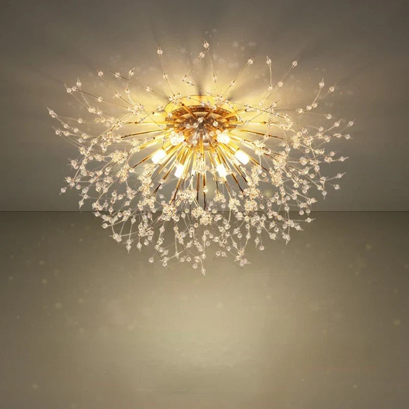 ثريا كريستال جولدن داندلايون من DecorBites™: مصباح سقف نورديك دافئ بتقنية LED لغرفة المعيشة الرومانسية.