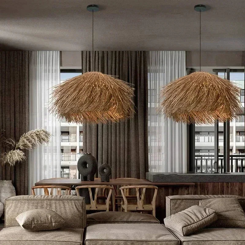 Handwoven Wicker Pendant Light in Natural Straw Shade