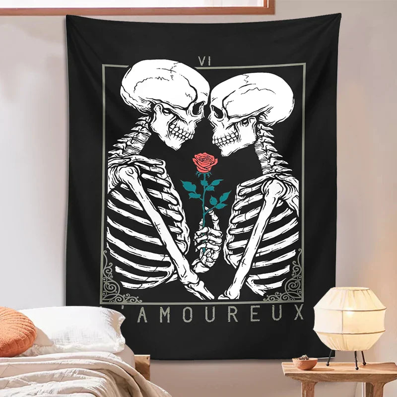 DecorBites™ Kissing Lovers Tarot Tapestry: Skeleton & Rose Hippie Room Decor