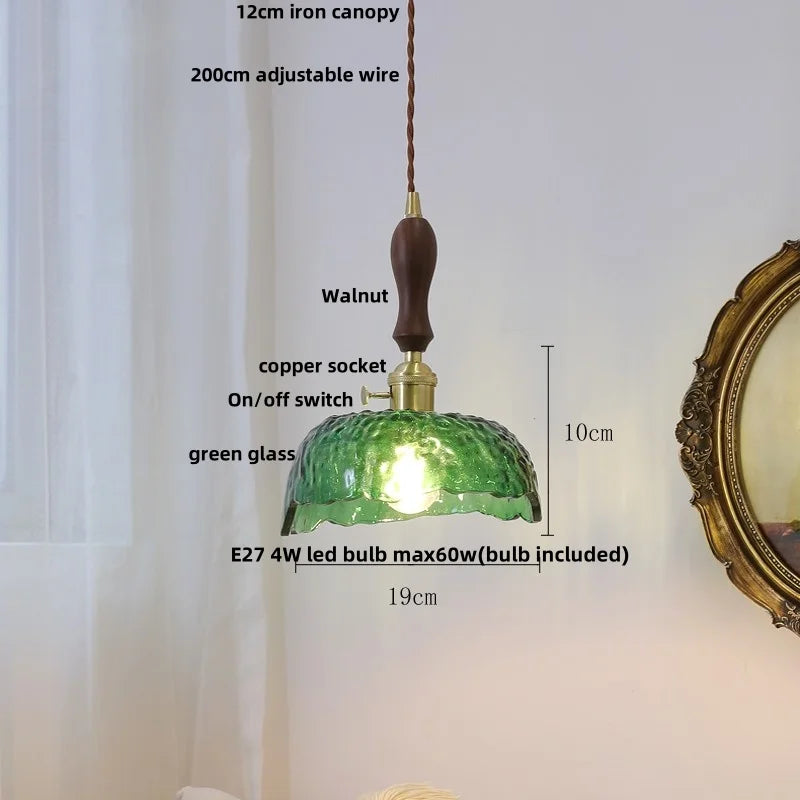 DecorBites™ Green Glass Walnut Wood LED Pendant Light, Nordic Modern Hanging Lamp