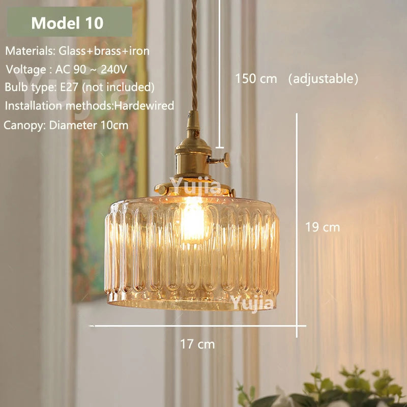 Vintage Amber Glass Pendant Light With Brass Detail