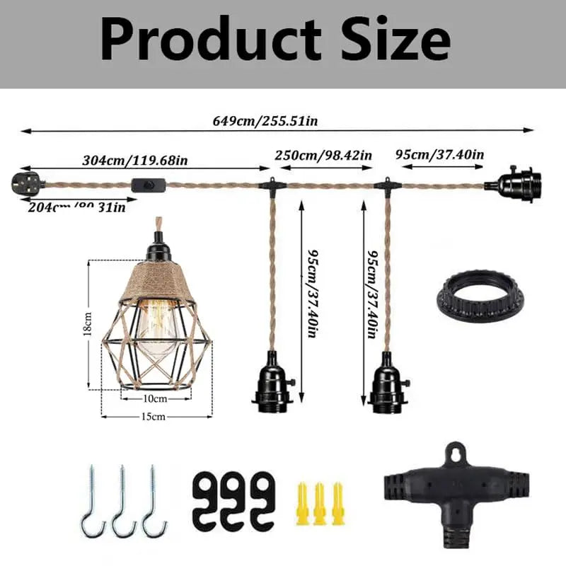 Vintage Industrial Hemp Rope Plug-In Pendant Light