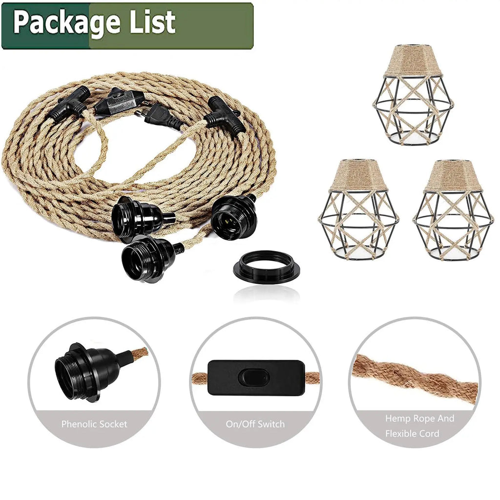 Vintage Industrial Hemp Rope Plug-In Pendant Light