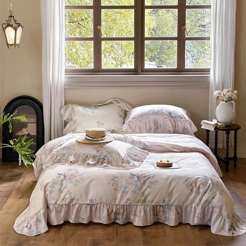 DecorBites™ French Rose Flowers Print Bedding Set, Elegant Ruffles Princess Collection