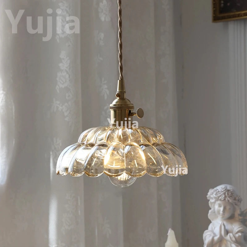 Vintage Amber Glass Pendant Light With Brass Detail
