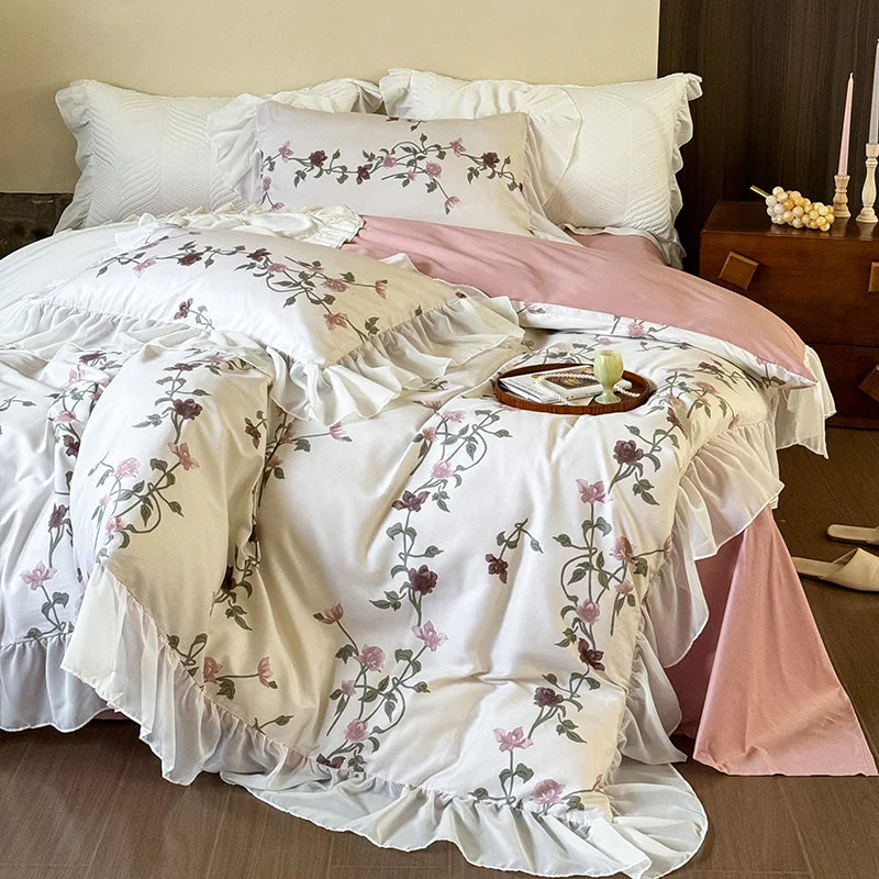 DecorBites™ Lace Ruffles Princess Cotton Bedding Set, Floral Quilt Cover, Girls Wedding Home Textiles