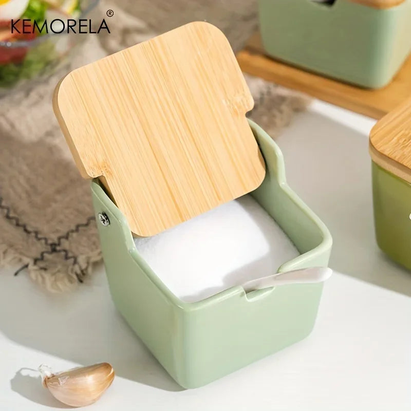 طقم برطمانات توابل سيراميك ريترو ياباني من DecorBites™ مع صينية - منظم مطبخ 3 قطع