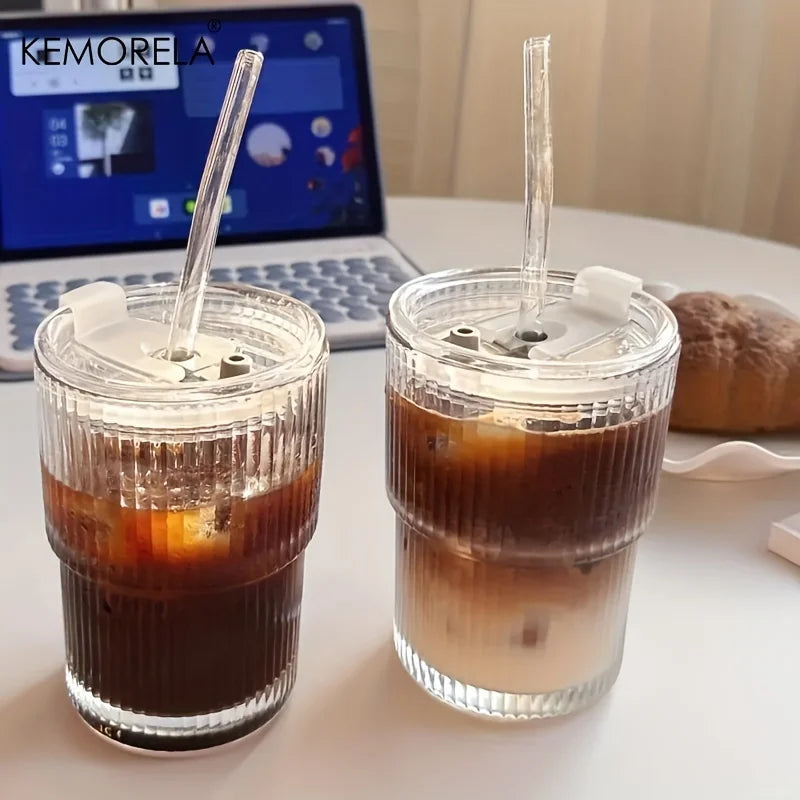 DecorBites™ 1/2PCS 450ml Stripe Glass Cup with Lid and Straw | Stylish Party Beverage Glasses