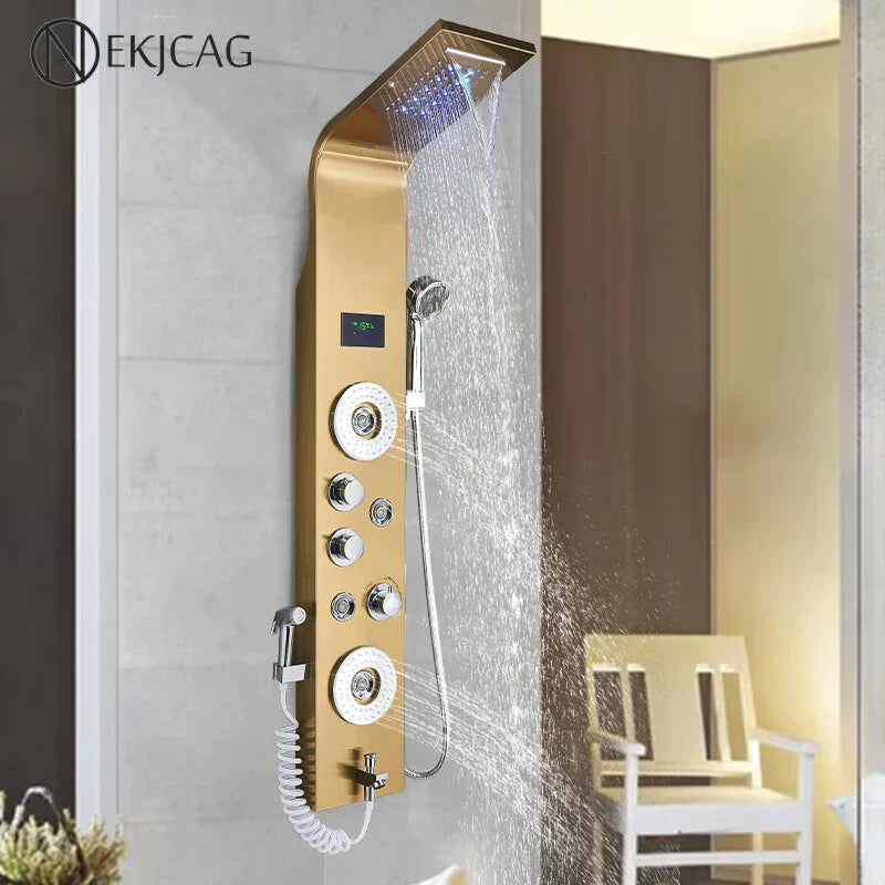 نظام دش إضاءة LED زرقاء من DecorBites™ مع شاشة عرض درجة الحرارة، عمود تدليك، شلال مطري