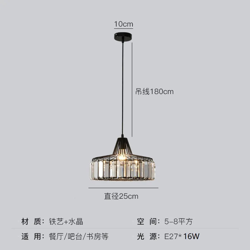 Nordic Crystal Round Pendant Light in Black Iron