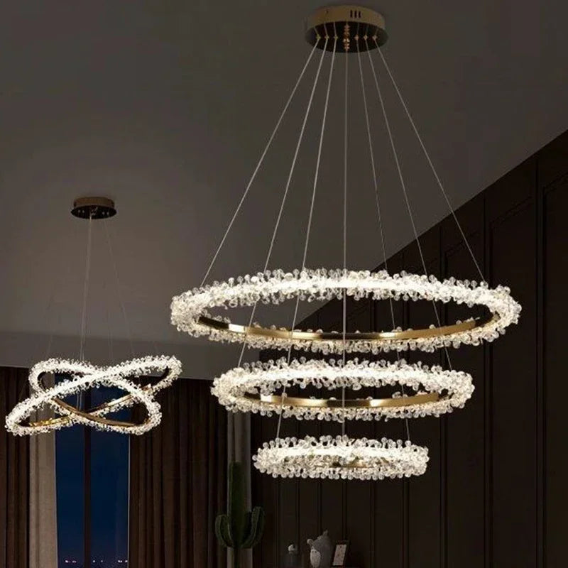 DecorBites™ ثريا كريستال ذهبية مستديرة | ثريا هالو LED فاخرة بنمط نورديك لغرفة المعيشة
