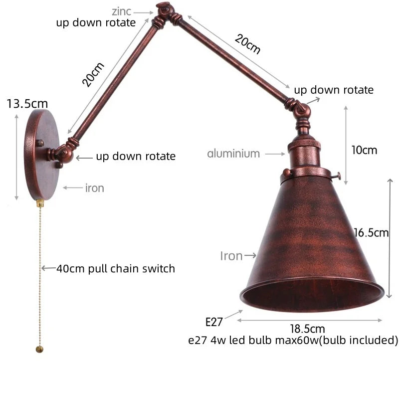 مصباح حائط DecorBites™ LED بذراع طويل مع مفتاح سحب لسلسلة للمنزل والفندق والحمام