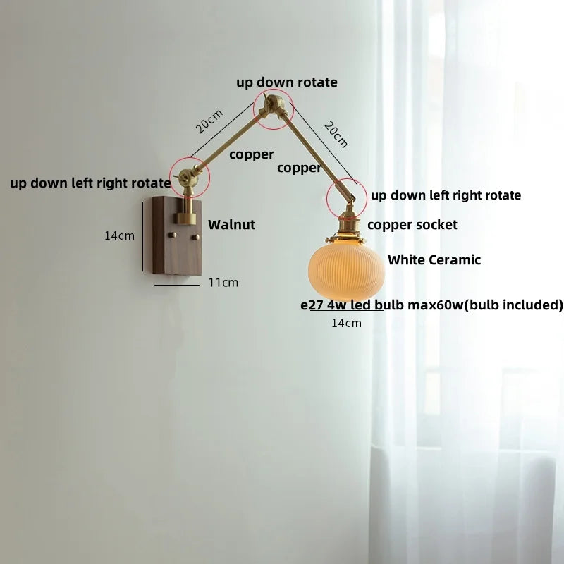 DecorBites™ Ceramic LED Wall Light Rotatable Walnut Bedside Lamp