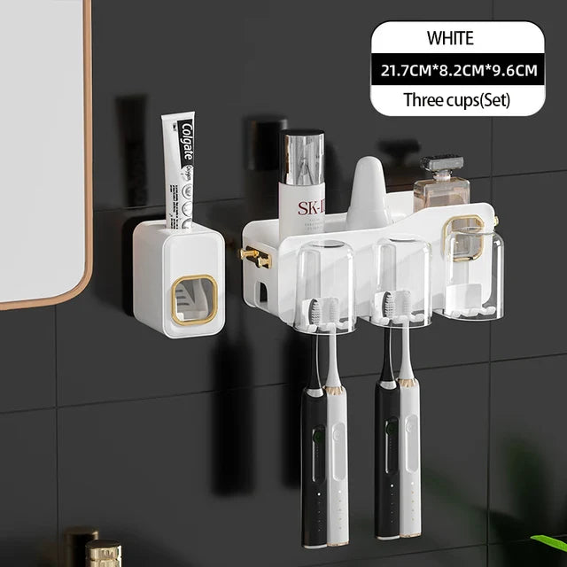 DecorBites™ Support de Brosse à Dents Inversé avec Distributeur de Dentifrice Automatique et Rangement de Maquillage