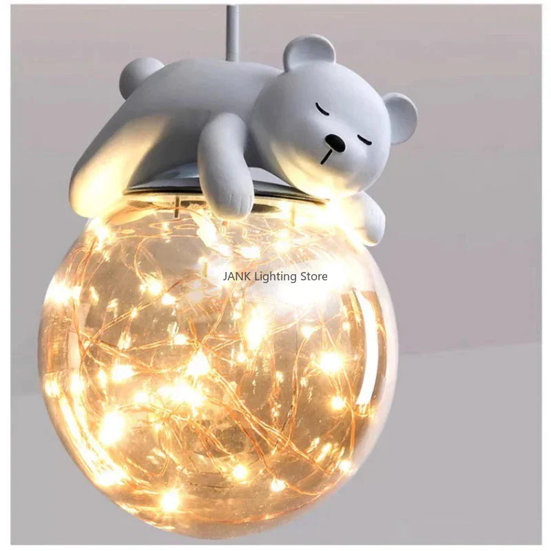 ثريات غرف الأطفال LED من DecorBites™ بتصميم دب أبيض وأرنب، مصباح معلق زجاجي لجانب السرير