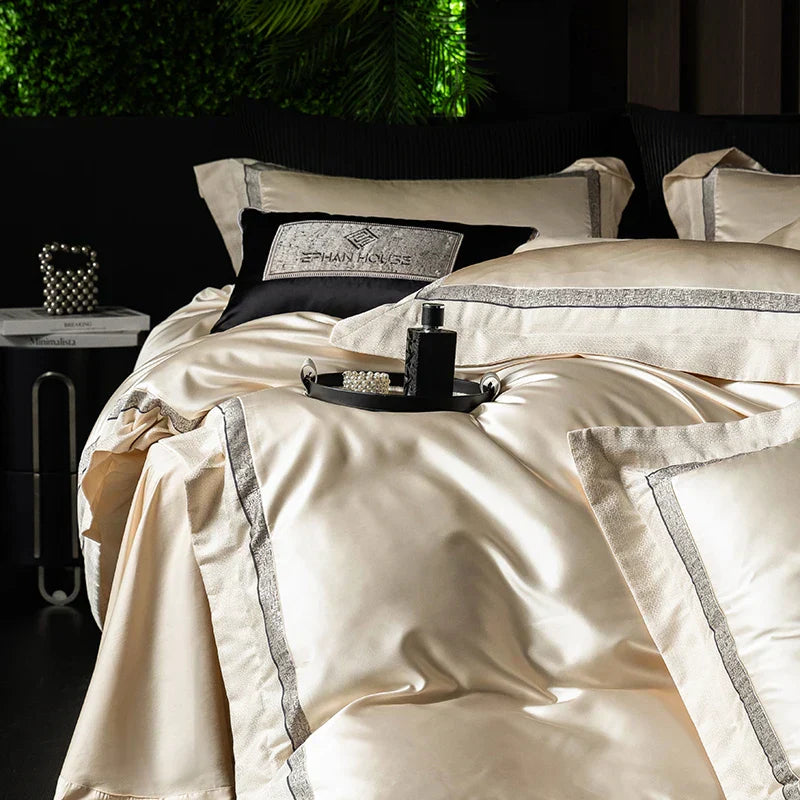طقم مفرش سرير شامبين فاخر DecorBites™ من قطن مصري حريري - مقاس كوين وكينج