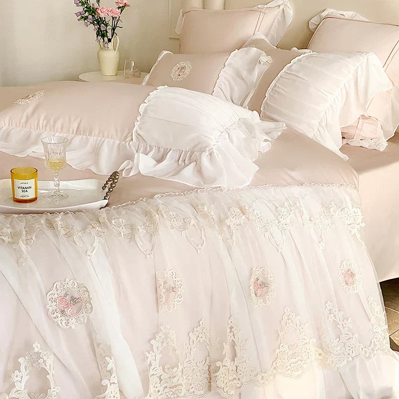 DecorBites™ French Lace Ruffles Princess Wedding Bedding Set - 4Pcs 1000TC Cotton - Duvet, Sheet, Pillowcases