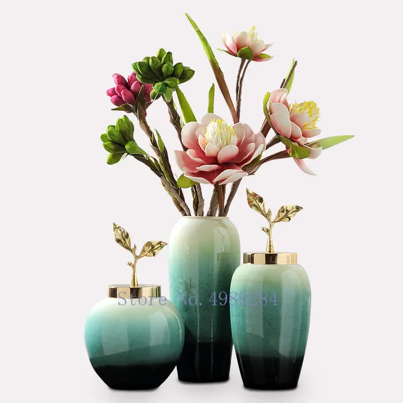 مزهرية DecorBites™ الخزفية المتدرجة مع غطاء أوراق ذهبية لديكور المنزل العصري وحفلات الزفاف