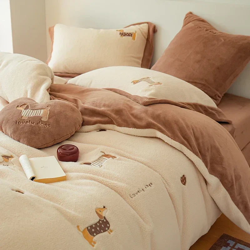 DecorBites™ Embroidered Imitation Cashmere Bedding Set for Queen Bed Warm Winter Cozy Set