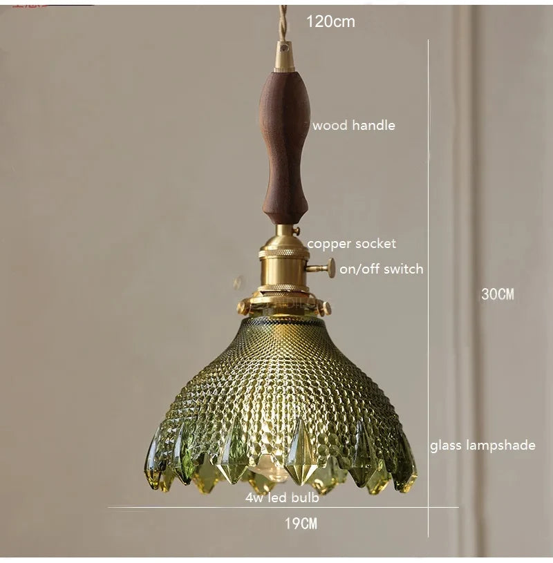 Korean Retro Glass Pendant Light With Wood Accent