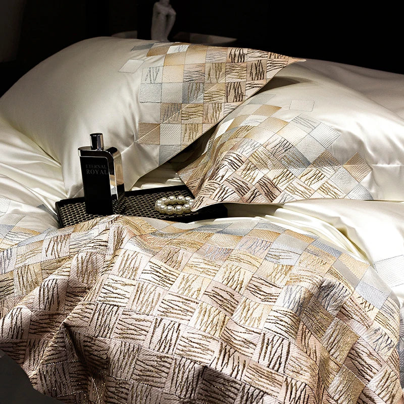 DecorBites™ 4-Piece Luxury Embroidery Bedding Set in Pearl White/Grey Satin Brocade Cotton