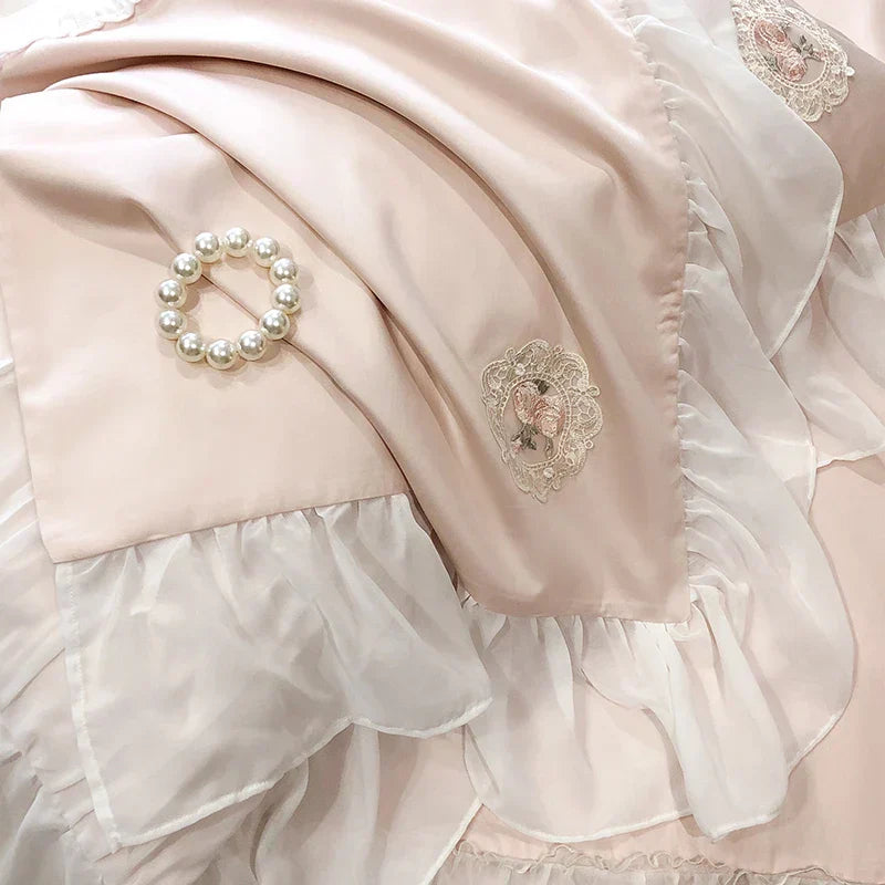 DecorBites™ French Lace Ruffles Princess Wedding Bedding Set - 4Pcs 1000TC Cotton - Duvet, Sheet, Pillowcases