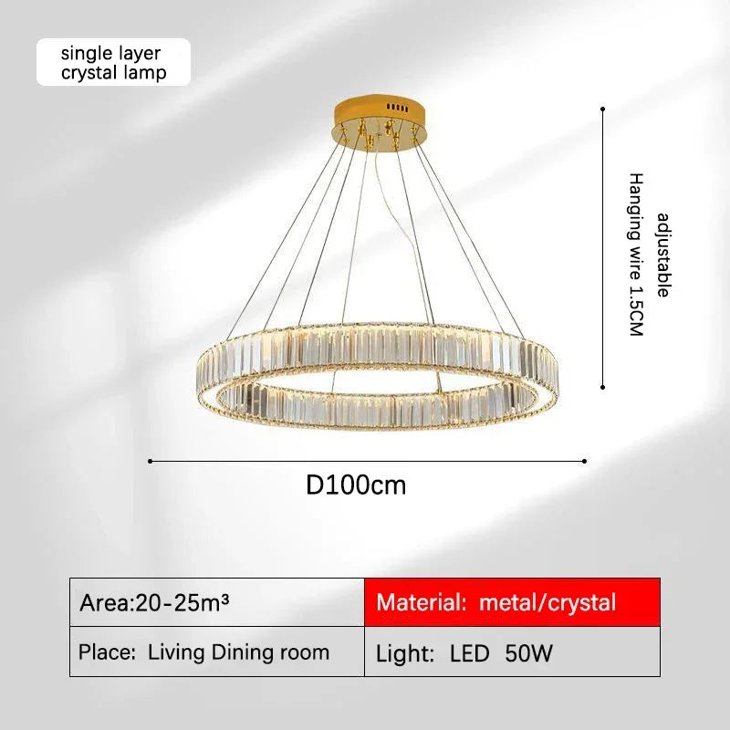ثريا كريستال ذهبية من DecorBites™: هالة إضاءة LED فاخرة وعصرية بتصميم نورديك لغرفة المعيشة