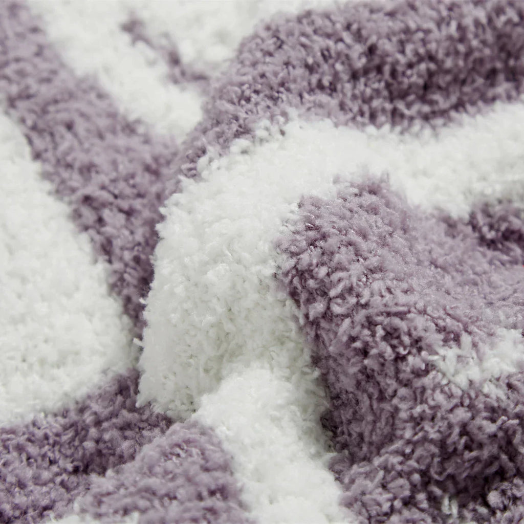DecorBites™ Knitted Checkboard Smile Face Design Fluffy Blanket - Spring Violet Pink Gray Blanket