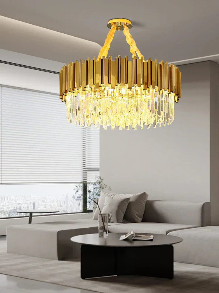 ثريا سقف كريستال K9 ذهبية من DecorBites™، إضاءة فاخرة لغرفة المعيشة وغرفة النوم مع إمكانية التعتيم