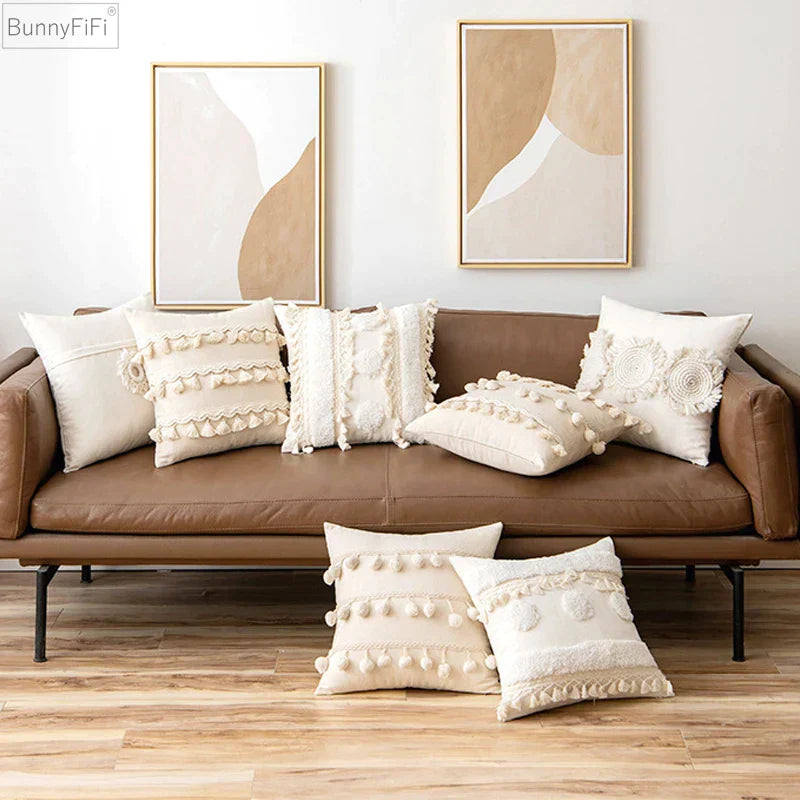 DecorBites™ Ivory Pompom Tassel Pillow Cover 45x45cm/30x50cm Home Decor Sofa Seasonable