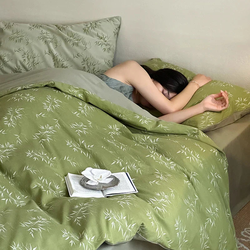 Parure de lit jacquard feuilles de bambou DecorBites™ : Douce et confortable, 100 % coton, verte, pour adultes et enfants.