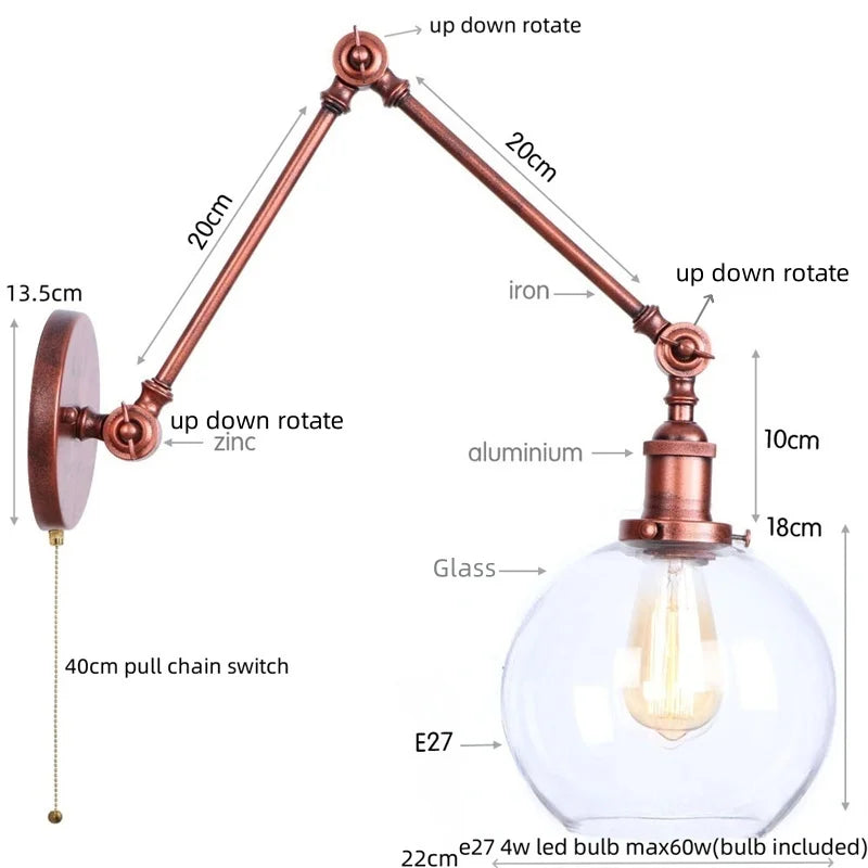 DecorBites™ Adjustable Glass Swing Arm LED Wall Sconce with Pull Chain Switch