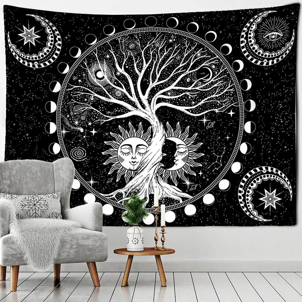 مفروشات حائط من DecorBites™ بتصميم شجرة الحياة الخضراء لديكورات غرف بوهيمية