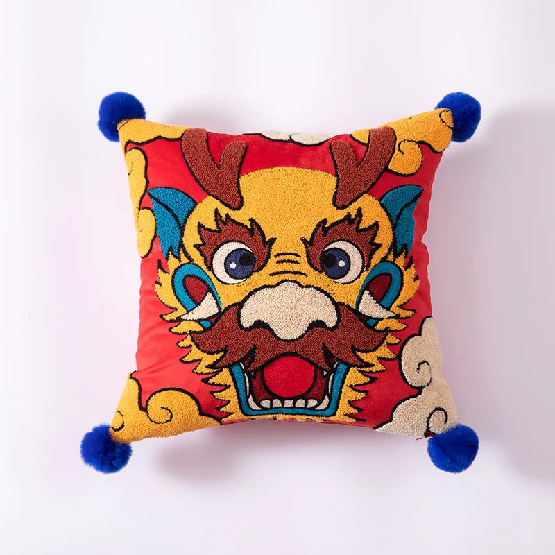 DecorBites™ Dragon Year Cushion Cover 45x45cm Decorative Throw Pillow with Hair Ball Embroidery