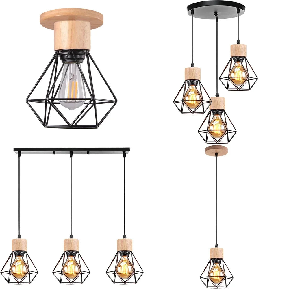Vintage Black Wood and Iron Cage Pendant Light