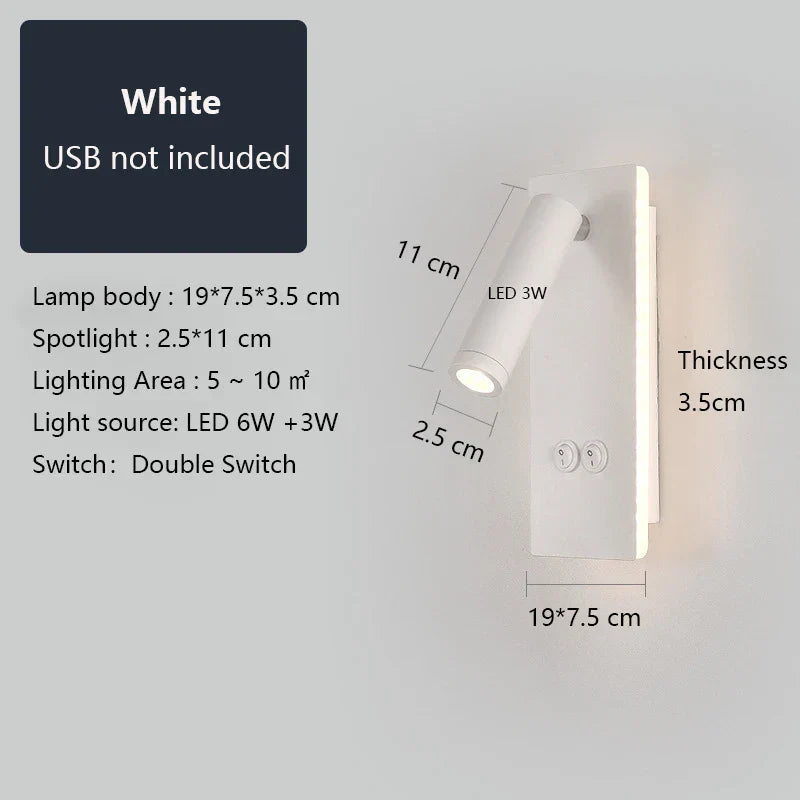 DecorBites™ Black Brass LED Wall Lamp with USB Port & Switch - 3W Spotlight for Bedroom
