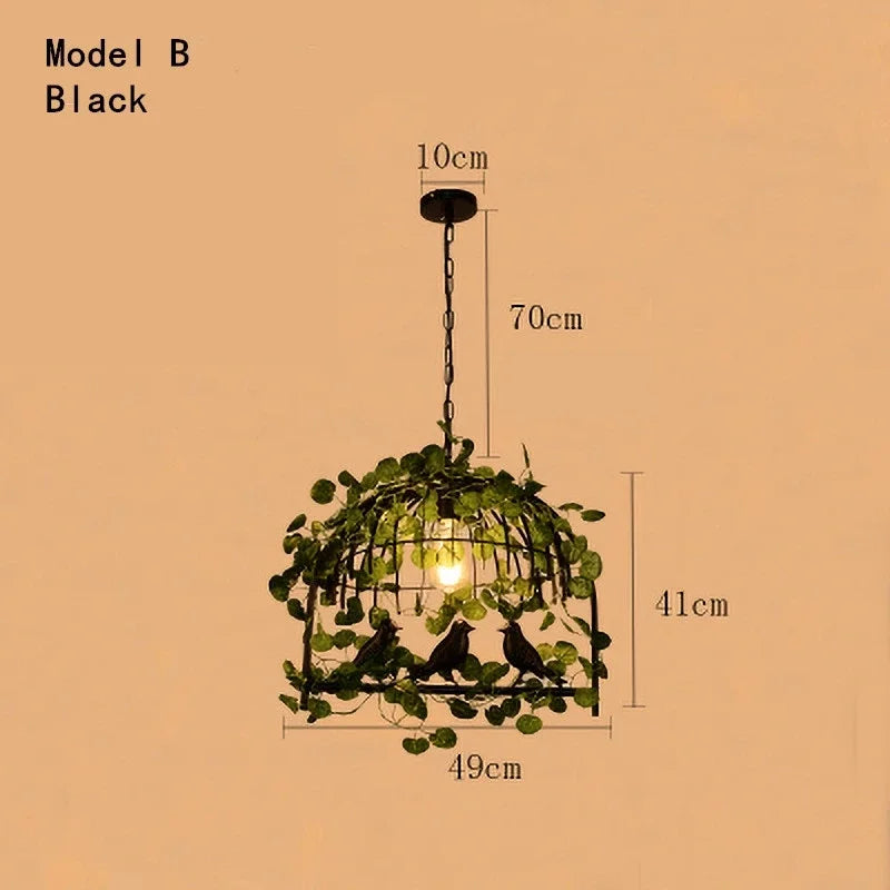 DecorBites™ Iron Bird Cage Chandelier with Green Leaf Decoration and LED Lamps