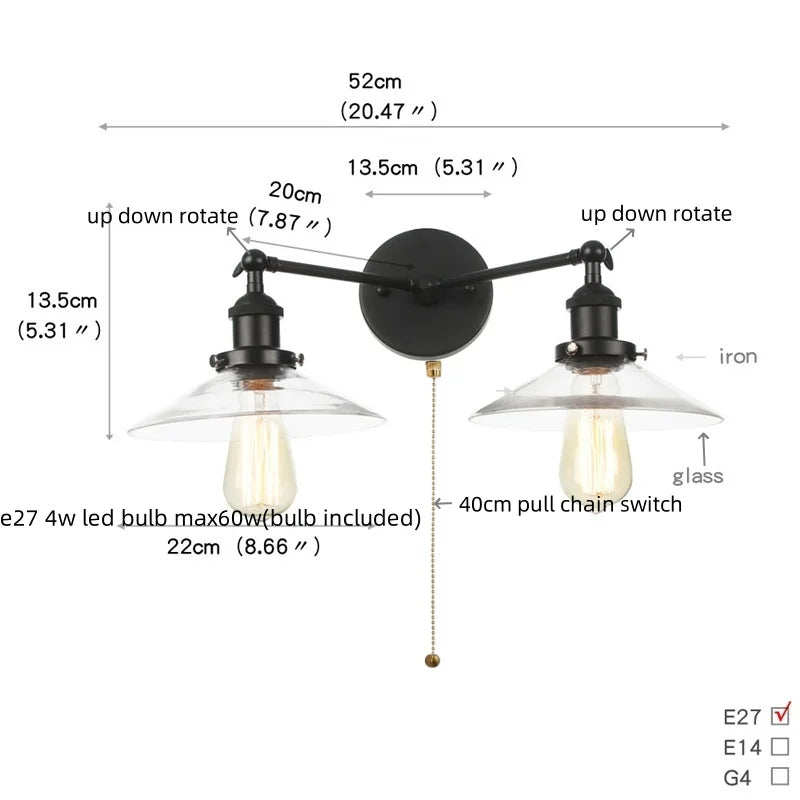 DecorBites™ Industrial LED Wall Light Fixture with Glass Pull Chain Switch - 2 Heads