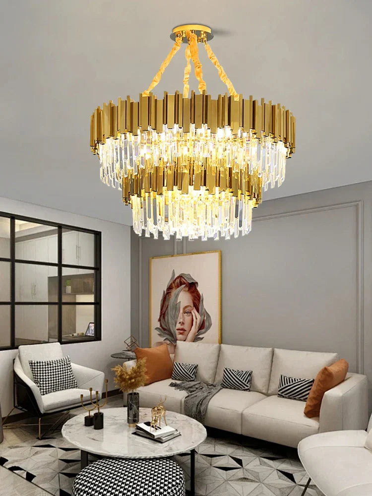 ثريا سقف كريستال K9 ذهبية من DecorBites™، إضاءة فاخرة لغرفة المعيشة وغرفة النوم مع إمكانية التعتيم