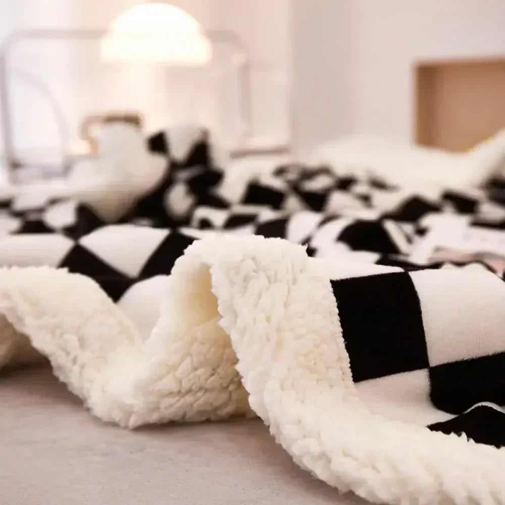 2024 DecorBites™ Checkerboard Lamb Fleece Blanket Cover - Premium Printed Blanket Series